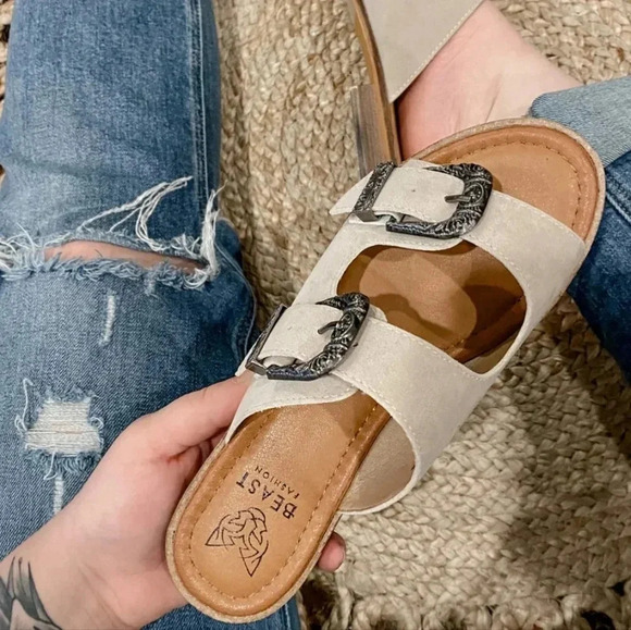 New! Tan Suede Western Buckle Slip On Slide Sandals in Sand - Picture 3 of 8